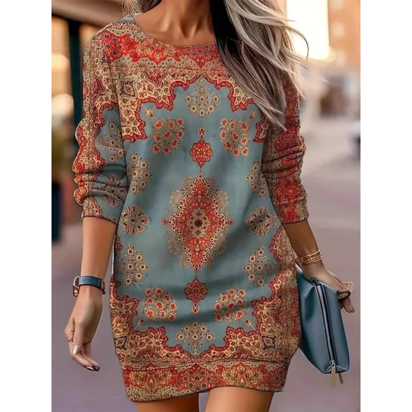 Kadın Uzun Kollu Yuvarlak Yaka Desenli Mini Modal Elbise