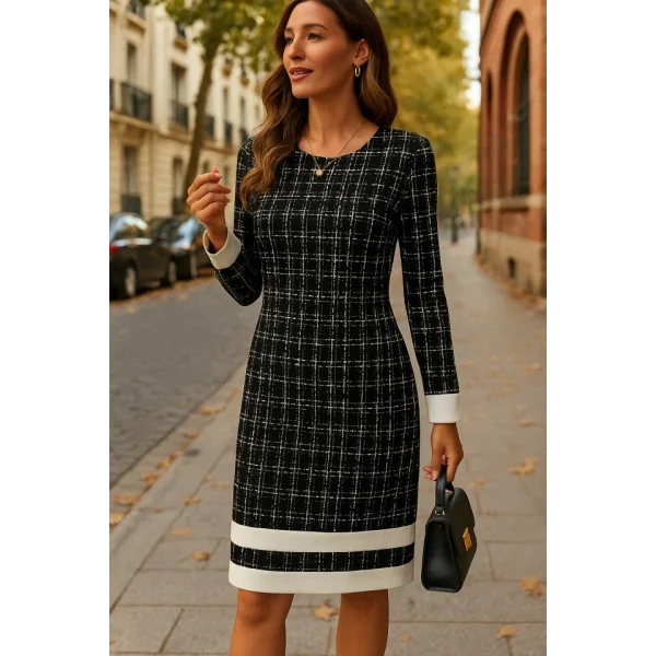 Kadın Uzun Kollu Yuvarlak Yaka Etek Ucu şerit Detaylı Kısa Dokuma Elbise