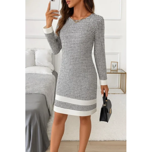 Kadın Uzun Kollu Yuvarlak Yaka Etek Ucu şerit Detaylı Mini Dokuma Elbise