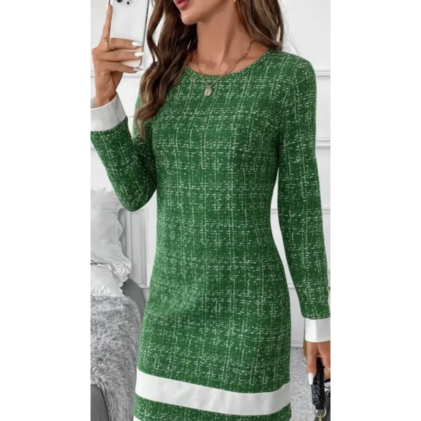 Kadın Uzun Kollu Yuvarlak Yaka Etek Ucu şerit Detaylı Mini Dokuma Elbise