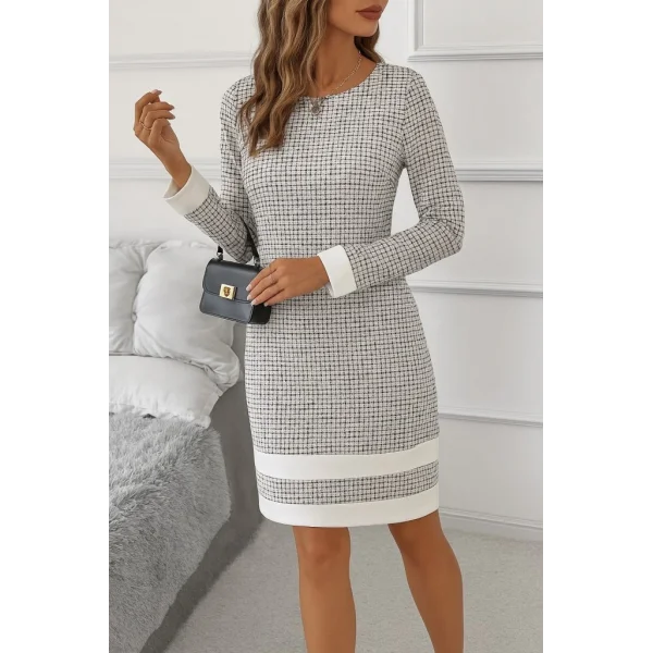 Kadın Uzun Kollu Yuvarlak Yaka Etek Ucu şerit Detaylı Mini Dokuma Elbise