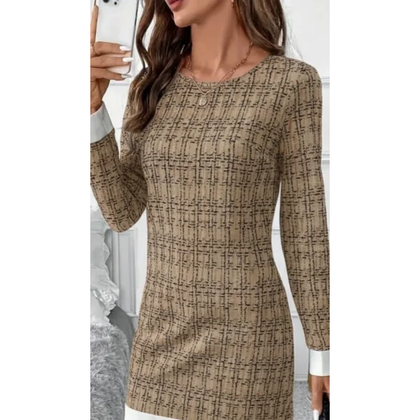 Kadın Uzun Kollu Yuvarlak Yaka Etek Ucu şerit Detaylı Mini Dokuma Elbise