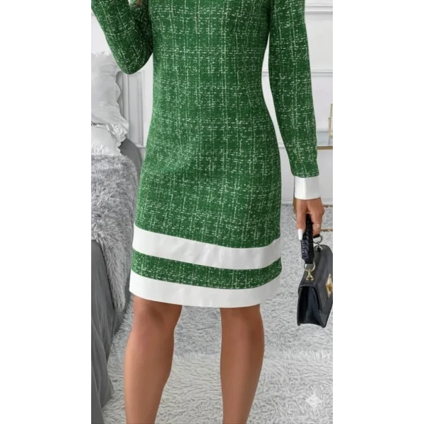 Kadın Uzun Kollu Yuvarlak Yaka Etek Ucu şerit Detaylı Mini Dokuma Elbise