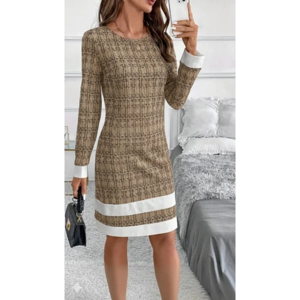 Kadın Uzun Kollu Yuvarlak Yaka Etek Ucu şerit Detaylı Mini Dokuma Elbise