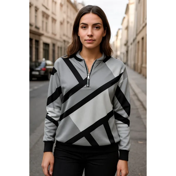 Kadın Uzun Kollu Yuvarlak Yaka Fermuarlı Desenli şardonlu Bluz