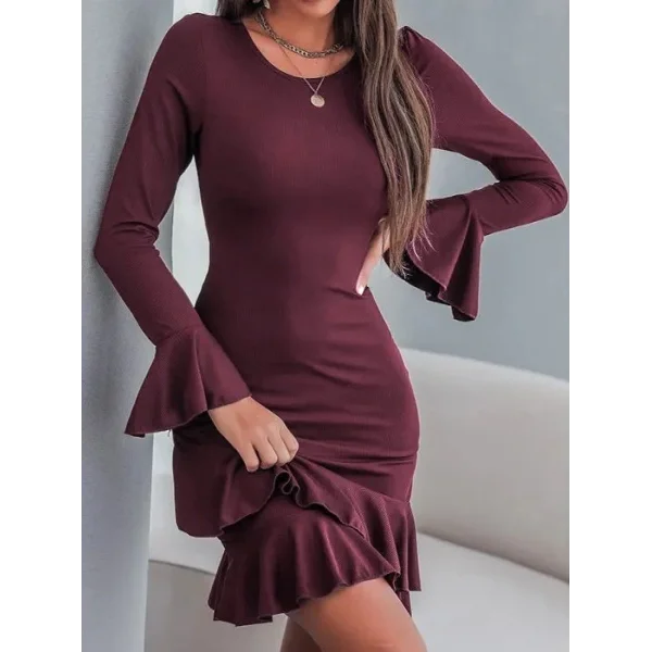 Kadın Uzun Kollu Yuvarlak Yaka Fırfırlı Kol Ucu Volanlı Janjan Krep Mini Elbise