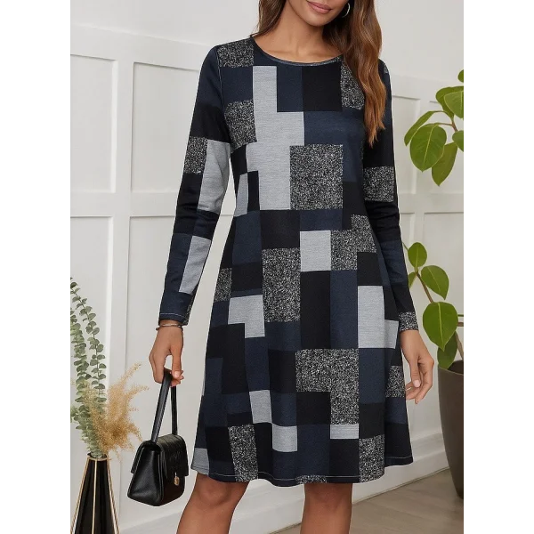 Kadın Uzun Kollu Yuvarlak Yaka Geometrik Süprem Elbise