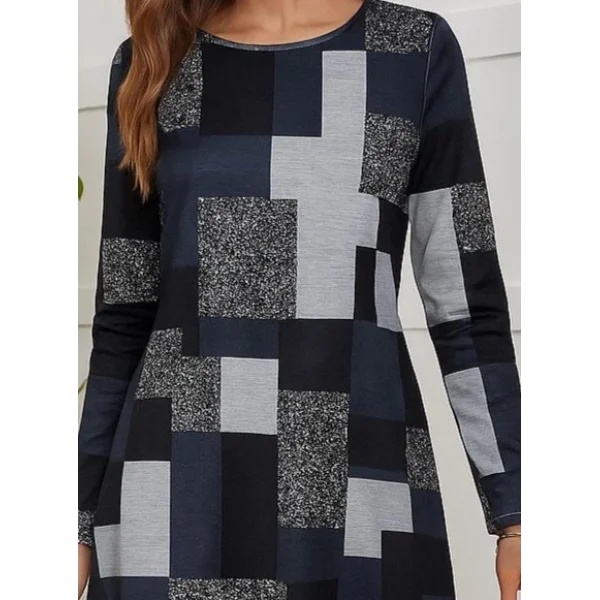 Kadın Uzun Kollu Yuvarlak Yaka Geometrik Süprem Elbise