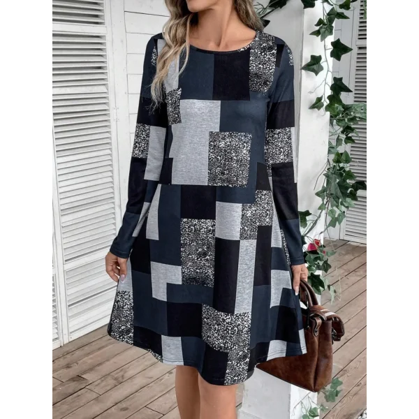 Kadın Uzun Kollu Yuvarlak Yaka Geometrik Süprem Elbise