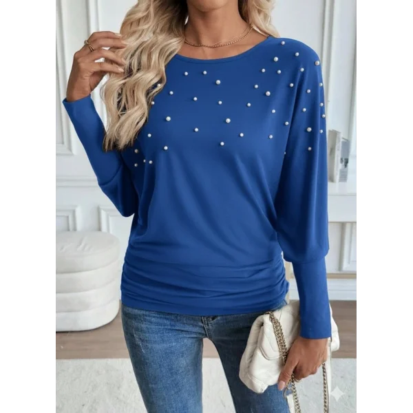 Kadın Uzun Kollu Yuvarlak Yaka Incili Viskon Bluz