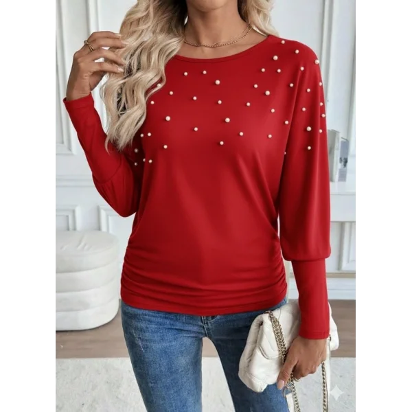 Kadın Uzun Kollu Yuvarlak Yaka Incili Viskon Bluz