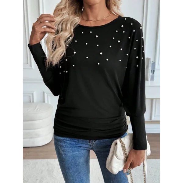 Kadın Uzun Kollu Yuvarlak Yaka Incili Viskon Bluz