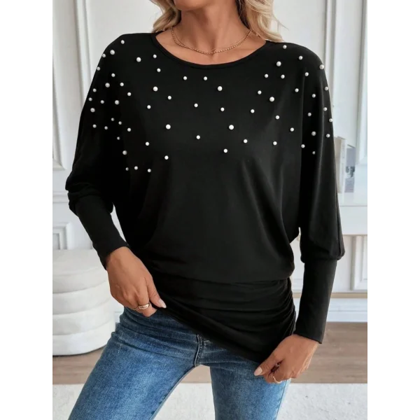 Kadın Uzun Kollu Yuvarlak Yaka Incili Viskon Bluz