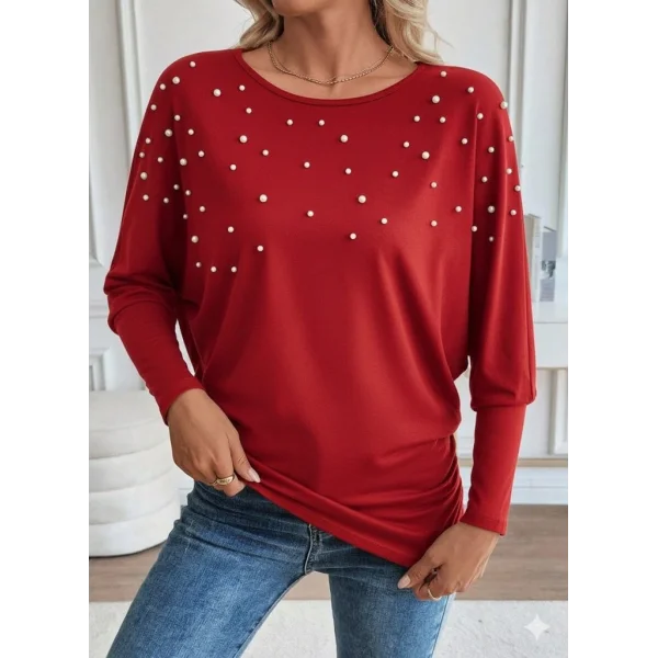 Kadın Uzun Kollu Yuvarlak Yaka Incili Viskon Bluz