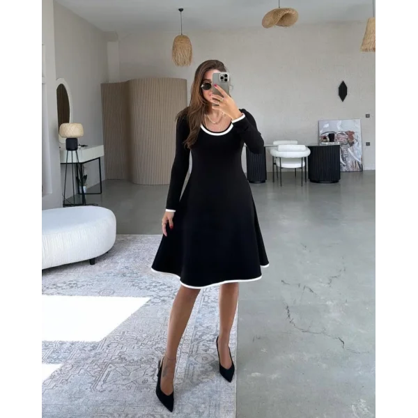 Kadın Uzun Kollu Yuvarlak Yaka Midi Viskon Iki Iplik Elbise