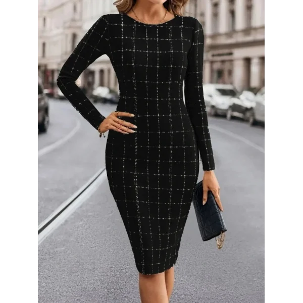 Kadın Uzun Kollu Yuvarlak Yaka Mini Dokuma Elbise