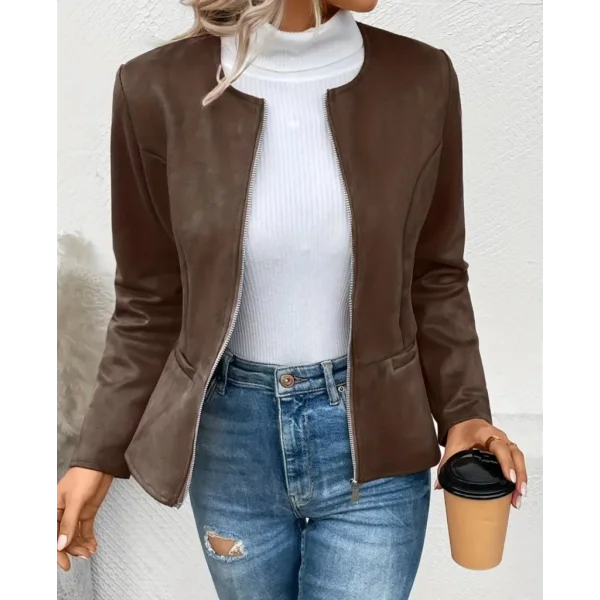 Kadın Uzun Kollu Yuvarlak Yaka önden Fermuarlı Süet Ceket