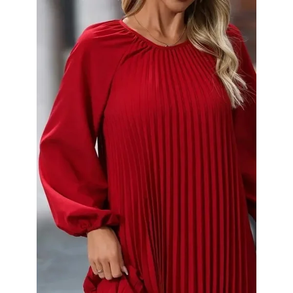 Kadın Uzun Kollu Yuvarlak Yaka Pileli Salaş Mini Ithal Krep Elbise