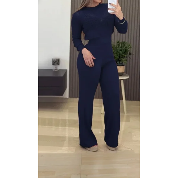 Kadın Uzun Kollu Yuvarlak Yaka Transparan Detaylı Triko Bluz Ve Pantolon Ikili Takım