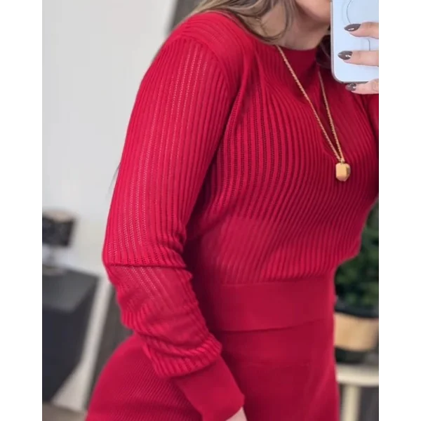 Kadın Uzun Kollu Yuvarlak Yaka Transparan Detaylı Triko Bluz Ve Pantolon Ikili Takım