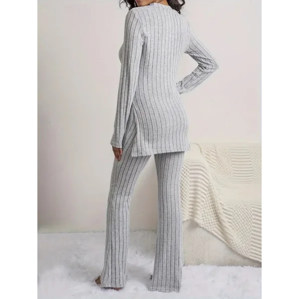 Kadın Uzun Kollu Yuvarlak Yaka Yandan Yırtmaç Detaylı şardonlu Kaşkorse Bluz Ve Pantolon Ikili Takım