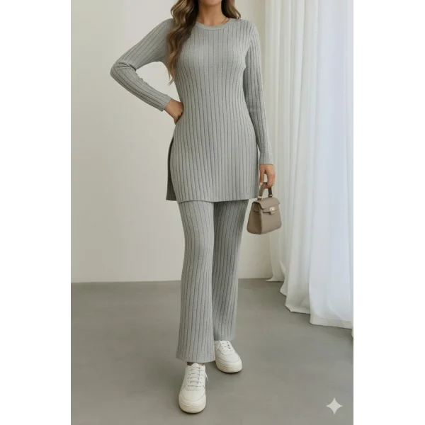 Kadın Uzun Kollu Yuvarlak Yaka Yandan Yırtmaç Detaylı şardonlu Kaşkorse Bluz Ve Pantolon Ikili Takım