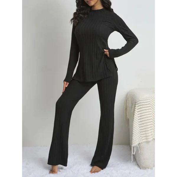 Kadın Uzun Kollu Yuvarlak Yaka Yandan Yırtmaç Detaylı şardonlu Kaşkorse Bluz Ve Pantolon Ikili Takım