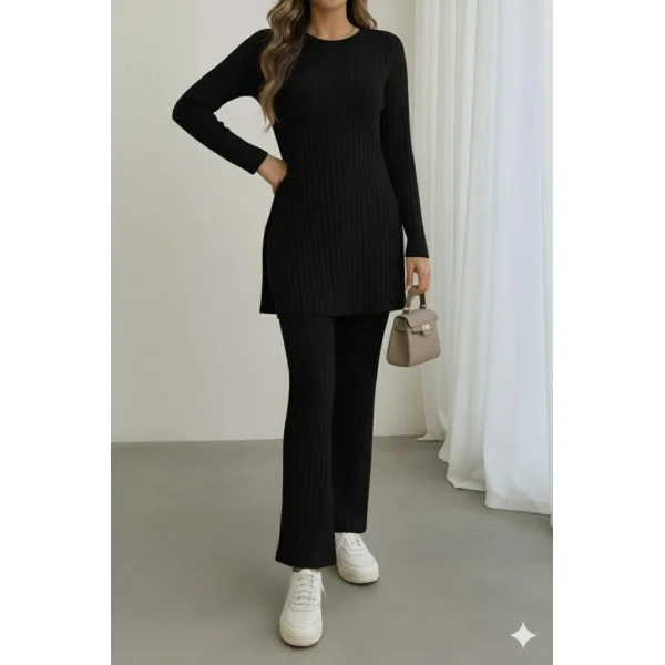 Kadın Uzun Kollu Yuvarlak Yaka Yandan Yırtmaç Detaylı şardonlu Kaşkorse Bluz Ve Pantolon Ikili Takım