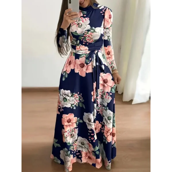 Kadın Uzun Kollu Yuvarlak Yakalı Beli Kuşaklı Desenli Süprem Uzun Elbise