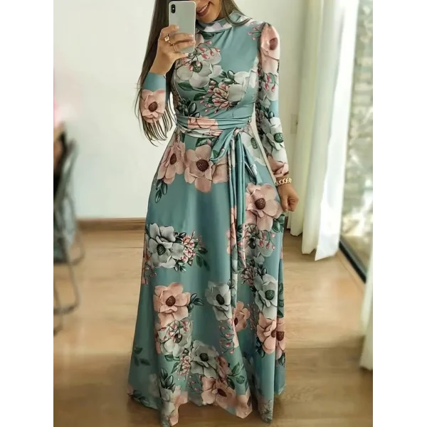 Kadın Uzun Kollu Yuvarlak Yakalı Beli Kuşaklı Desenli Süprem Uzun Elbise