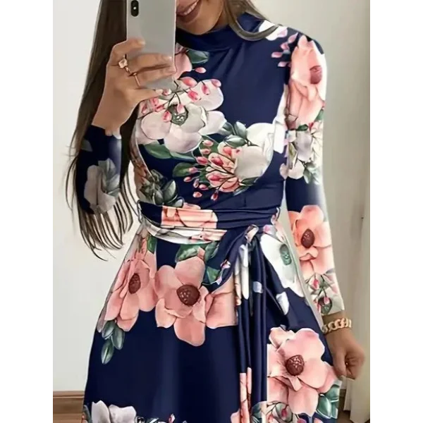 Kadın Uzun Kollu Yuvarlak Yakalı Beli Kuşaklı Desenli Süprem Uzun Elbise