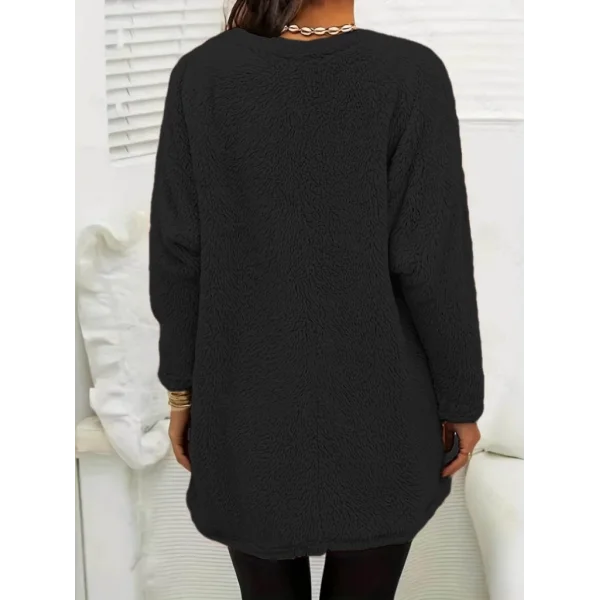 Kadın Uzun Kollu Yuvarlak Yakalı Cepli Peluş Bluz