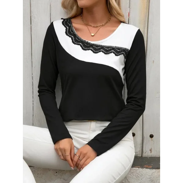 Kadın Uzun Kollu Yuvarlak Yakalı çift Renkli Dantel Detaylı Viskon Bluz