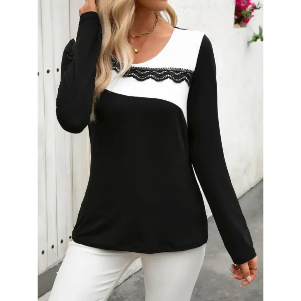 Kadın Uzun Kollu Yuvarlak Yakalı çift Renkli Dantel Detaylı Viskon Bluz