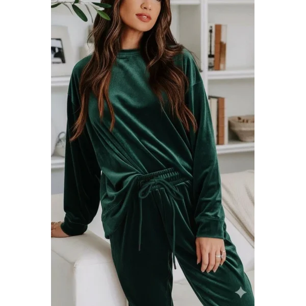 Kadın Uzun Kollu Yuvarlak Yakalı Kadife Bluz Ve Pantolon Takım