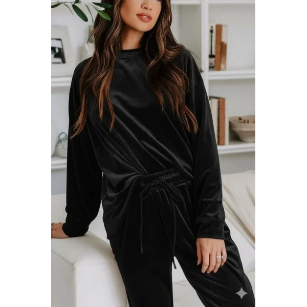 Kadın Uzun Kollu Yuvarlak Yakalı Kadife Bluz Ve Pantolon Takım