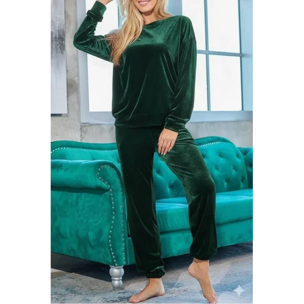 Kadın Uzun Kollu Yuvarlak Yakalı Kadife Bluz Ve Pantolon Takım