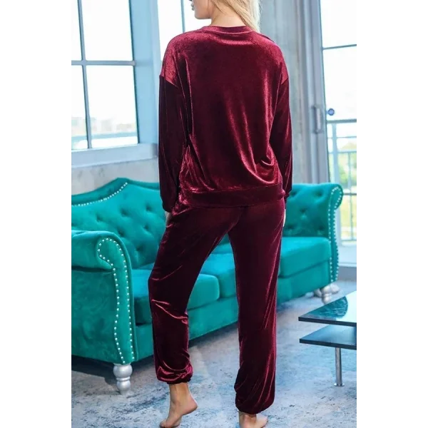 Kadın Uzun Kollu Yuvarlak Yakalı Kadife Bluz Ve Pantolon Takım