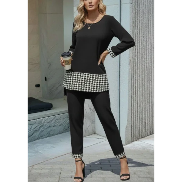 Kadın Uzun Kollu Yuvarlak Yakalı Kaz Ayağı Detaylı Viskon Iki Iplik Bluz Ve Pantolon Ikili Takım