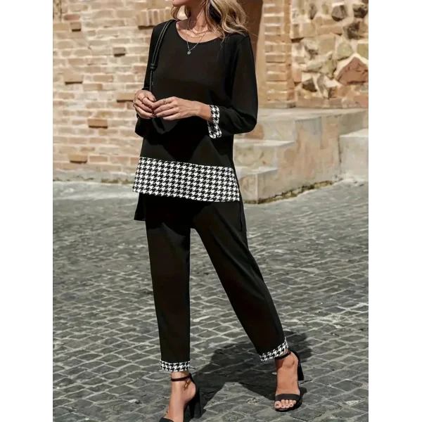 Kadın Uzun Kollu Yuvarlak Yakalı Kaz Ayağı Detaylı Viskon Iki Iplik Bluz Ve Pantolon Ikili Takım