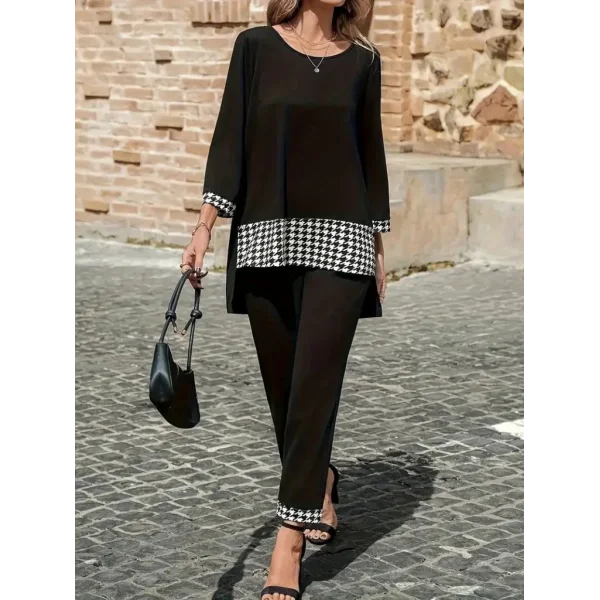 Kadın Uzun Kollu Yuvarlak Yakalı Kaz Ayağı Detaylı Viskon Iki Iplik Bluz Ve Pantolon Ikili Takım