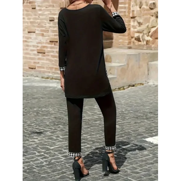 Kadın Uzun Kollu Yuvarlak Yakalı Kaz Ayağı Detaylı Viskon Iki Iplik Bluz Ve Pantolon Ikili Takım