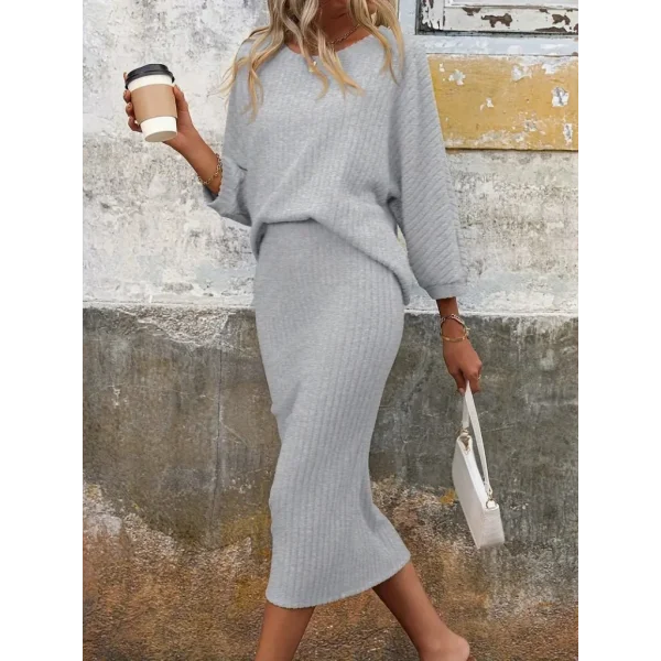 Kadın Uzun Kollu Yuvarlak Yakalı şardonlu Kaşkorse Bluz Ve Etek Ikili Takım