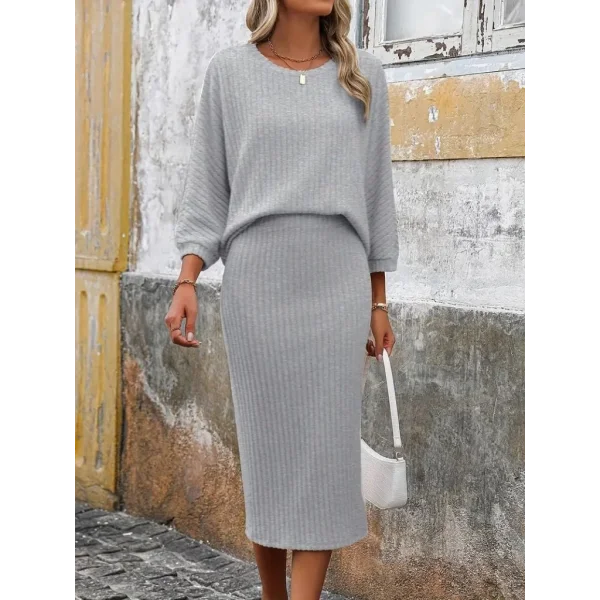 Kadın Uzun Kollu Yuvarlak Yakalı şardonlu Kaşkorse Bluz Ve Etek Ikili Takım