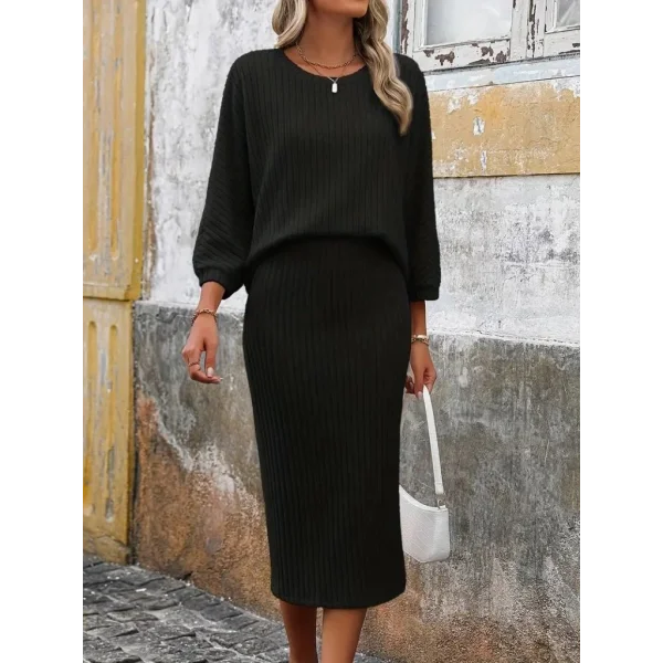 Kadın Uzun Kollu Yuvarlak Yakalı şardonlu Kaşkorse Bluz Ve Etek Ikili Takım