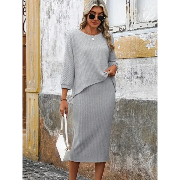 Kadın Uzun Kollu Yuvarlak Yakalı şardonlu Kaşkorse Bluz Ve Etek Ikili Takım