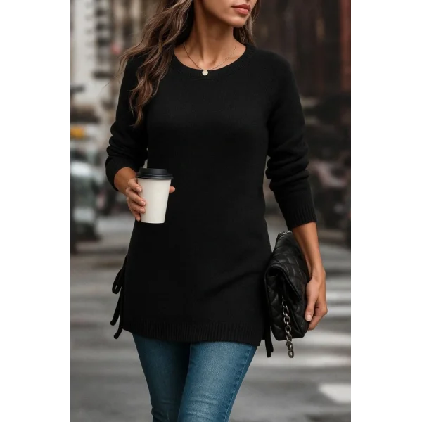 Kadın Uzun Kollu Yuvarlak Yakalı Yanlardan Bağcıklı Triko Bluz