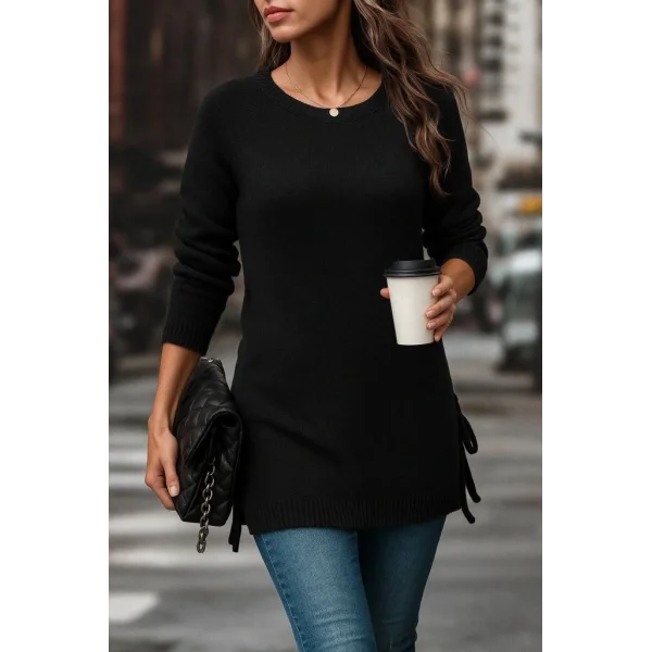 Kadın Uzun Kollu Yuvarlak Yakalı Yanlardan Bağcıklı Triko Bluz