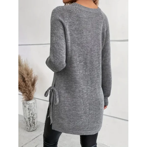 Kadın Uzun Kollu Yuvarlak Yakalı Yanlardan Bağcıklı Triko Bluz