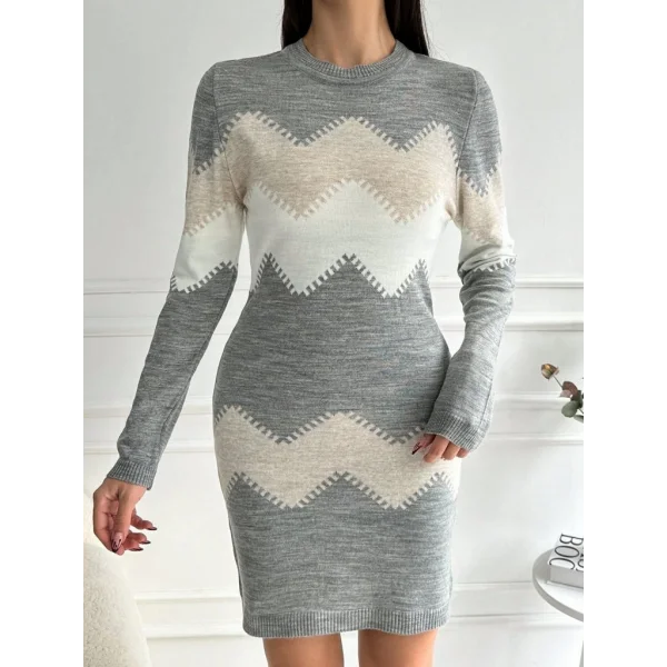 Kadın Uzun Kollu Zigzag Desen Triko Elbise